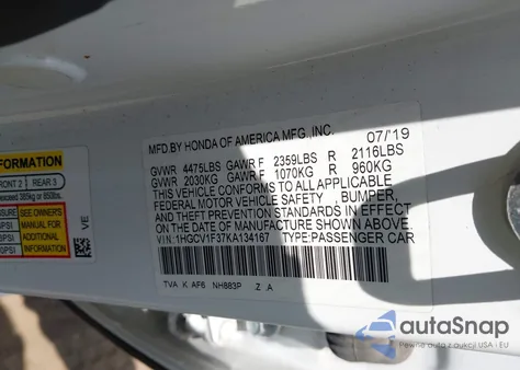 2019 Honda Accord Sport из США, поврежденный, VIN 1HGCV1F37KA134167